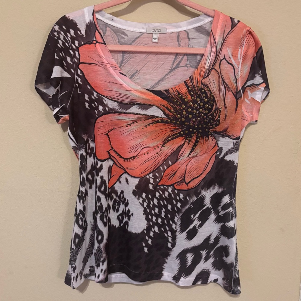 Cache Floral Print Short Sleeve Tee - Coral and Black